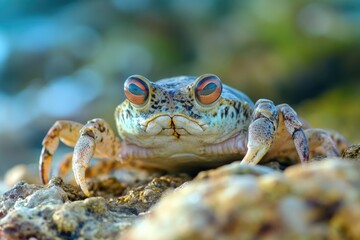 Poster - Close-up photo of a crab sitting on a rock, perfect for use in nature or wildlife articles