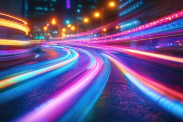 Poster - City street scene at night with blurred lights and buildings