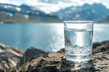 Poster - A glass of water sits atop a rocky outcropping, reflecting the surroundings