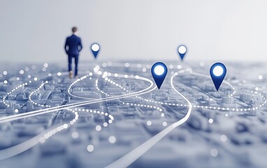 Poster - Business professional exploring a digital map with location markers in a modern urban setting
