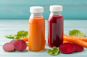 Wall Mural - Freshly squeezed vegetable juices on a light blue wooden table with vibrant ingredients nearby