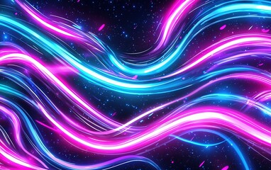 Poster - Colorful neon waves of light against a dark background create a vibrant and dynamic abstract display during the evening hours