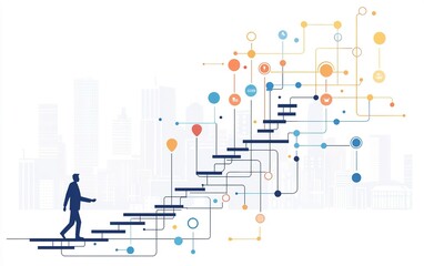 Poster - A person ascending stylized stairs with technology icons connected to a city skyline in the background during daytime