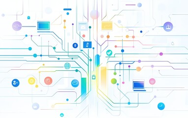 Poster - Colorful digital lines and icons representing technology and connectivity in a modern networked environment