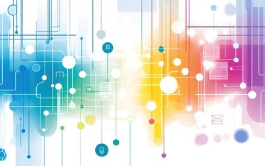 Poster - Colorful digital abstract design with circular and linear patterns representing technology and connectivity in a vibrant visual composition