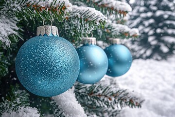 Poster - Three blue ornaments hang from a decorated tree