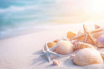 Poster - Seashells and starfish lying on a sandy beach