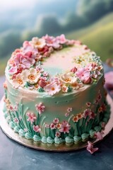 Poster - A beautifully decorated cake with flowers on a table, perfect for special occasions or as a centerpiece