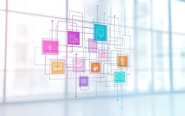 Poster - Colorful digital icons representing technology and communication in a modern office environment with large windows