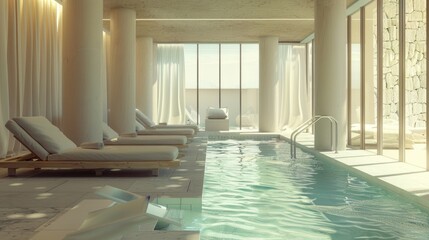 Poster - A spacious indoor swimming pool with comfortable lounge chairs
