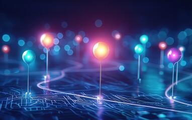 Poster - Colorful map markers glowing on a digital map with vibrant blue and purple lights at night