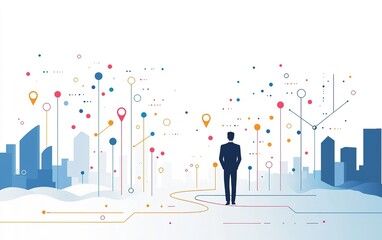 Poster - A person stands looking at a futuristic cityscape filled with colorful data points and connections in a digital world