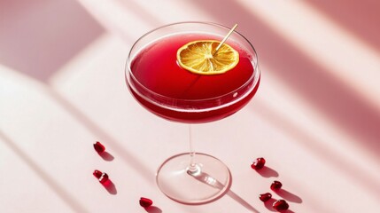 Wall Mural - Bright red cocktail garnished with dried lime on a light pink surface with shadows