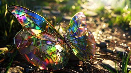 Poster - A colorful butterfly perched on a rock pile, with vibrant wings and a natural setting