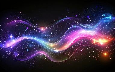 Poster - Vibrant abstract light waves with glowing particles creating a colorful display against a dark background