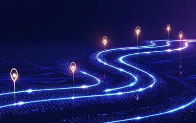 Poster - A winding path illuminated by glowing markers, showcasing a futuristic landscape of digital connectivity