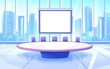 Poster - Modern conference room with a large oval table and a blank presentation screen overlooking a city skyline