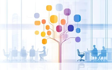 Poster - Modern office interior featuring abstract tree design with vibrant colors and employees engaged in collaborative work during the day