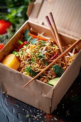 Poster - A box of noodles with chopsticks inside, great for Asian-inspired meals or foodie scenes