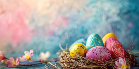 Poster - A nest filled with brightly colored Easter eggs on top of a table, perfect for spring or holiday decorations