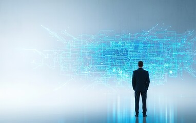 Poster - Business professional stands before digital data visualization at dawn in a futuristic setting