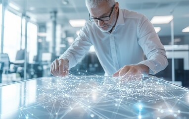Poster - Businessman analyzing digital network connections in a modern office setting during the day