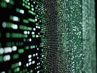 Fototapete - Abstract representation of cascading green binary data code flowing down a dark background, symbolizing digital information, technology, and computer processing in a futuristic style