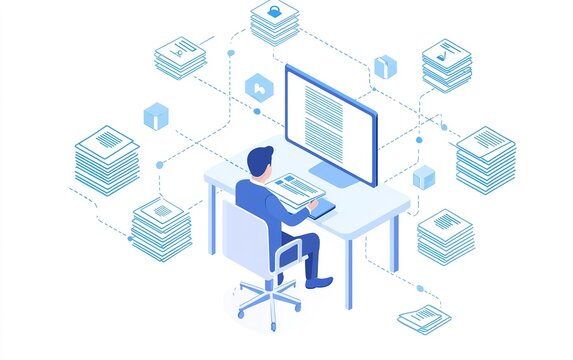 Professional working at a desk with digital documents and data visualization in a modern office setting
