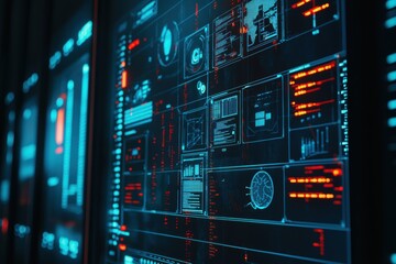 Poster - Futuristic Digital Interface Displaying Data Analytics and Visualizations with Bright Colors and Interactive Elements for Technology and Innovation Concepts