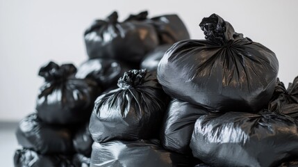 Poster - A pile of black trash bags stacked on top of each other
