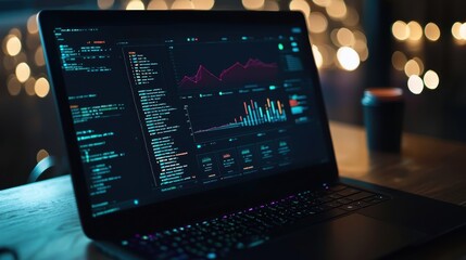 Poster - Modern Laptop Displaying Analytical Dashboards and Graphs with Code on the Screen, Captured in a Cozy Indoor Environment with Blurred Background Lights