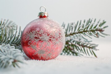 Poster - A bright red ornament sits atop a snow-covered ground, perfect for winter scenes and holiday decorations