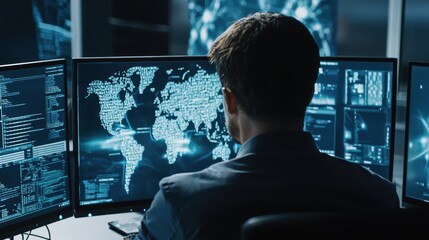 Poster - Man Analyzing Global Data Insights on Multiple Computer Screens in a High-Tech Control Room with Maps and Visualizations Displayed