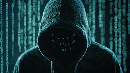 Poster - Mysterious Figure in Hoodie Surrounded by Glowing Binary Code Representing Cybersecurity and Digital Intrusion Concepts in Dark Atmosphere
