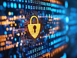 Poster - Abstract Representation of Digital Security with a Lock Icon Amidst Blue and Orange Binary Code Background, Symbolizing Data Protection and Cyber Safety