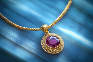 Poster - A close-up view of a gold necklace featuring a purple stone set against a bright blue background