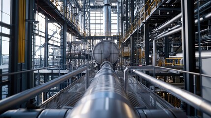 Poster - Industrial Interior of a Modern Factory with Steel Pipes and Machinery Under Bright Natural Light in a Spacious Environment