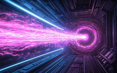 Poster - Futuristic tunnel with glowing energy beams and a vibrant portal in an advanced technology environment