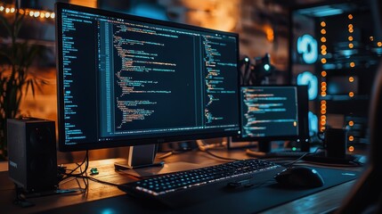 Fototapete - Modern Workspace with Multiple Monitors Displaying Code and Programming Data in a Tech-Focused Environment Ideal for Software Development and Innovation