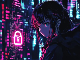 Poster - Futuristic Cybersecurity Concept Featuring a Young Woman in a Digital Cityscape with Neon Lights and a Lock Symbol Emphasizing Data Protection and Privacy Challenges