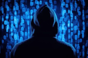 Poster - Mysterious Figure in a Hooded Sweatshirt Against a Background of Digital Binary Code Representing Cybersecurity and Technology Themes in a Dark Environment