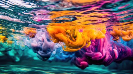 Poster - A close-up shot of a vibrant substance suspended in water, perfect for use in illustrations about aquatic life or chemical reactions