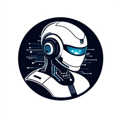 Poster - Futuristic robotic figure with a sleek helmet and glowing blue accents, symbolizing advanced technology.