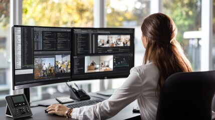 Fototapete - Professional Female Working at Dual Monitor Setup in Modern Office Space with Data Analysis and Team Collaboration on Screens