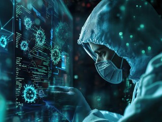 Poster - Scientist Analyzing Virus Data in High-Tech Lab Environment with Advanced Technology and Visualizations Representing Microbiology Concepts