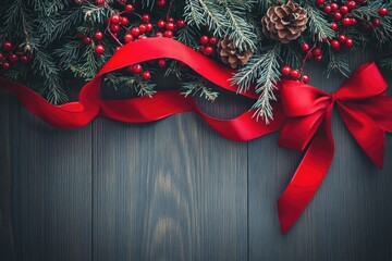 Aufkleber - A festive Christmas wreath adorned with red ribbon and pine cones
