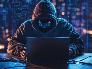 Poster - Mysterious Figure in Hoodie Working on Laptop Against Digital Background of Code and Data, Emphasizing Cybersecurity and Technology Themes