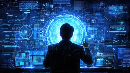 Fototapete - Futuristic Business Professional Analyzing Data on Multiple Screens in a High-Tech Environment with Advanced Technology and Digital Interfaces