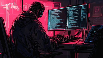 Poster - Digital Hacker in Neon Lighting: A lone figure immersed in the world of coding, surrounded by vibrant neon colors, working on multiple screens filled with complex data and programming.