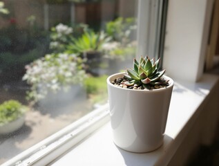 Poster - Isolated succulent plant in a white pot, placed on a windowsill with natural sunlight and a blurred garden view